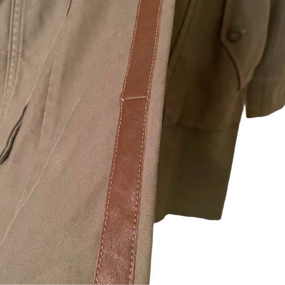 Upcycled Khaki Green Trench coat with upcycled Brown Leather Accents - Picture 6 of 10
